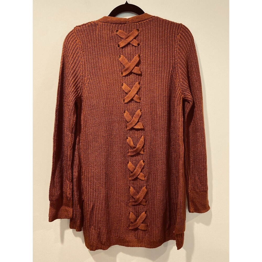 NEW Stitch Fix Cardigan Womens Medium Burnt Orange Crochet X Back Travel Minimal - Picture 2 of 6